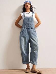 Bohemela 女式休闲宽松口袋设计阔腿牛仔连体裤 - 藍色 - 查看 4