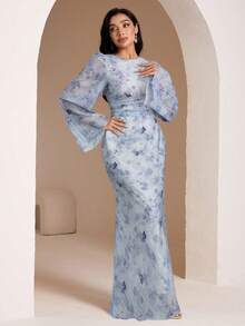 Veilorie Vestido ajustado de mujer con estampado completo y cuello redondo, elegante