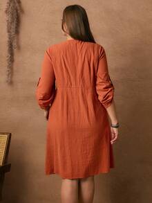 Rosumi Plus Size Casual Loose V-Neck Button Dual Pocket Knee-Length Dress Fall Clothes For Women Fall Clothes Plus Size   Dresses Button Front Dresses For Women Cottagecore Clothes Curve Dresses With Pockets  Dress Autumn Dress,Spring/Summer/Vacation - Burnt Orange - View 2
