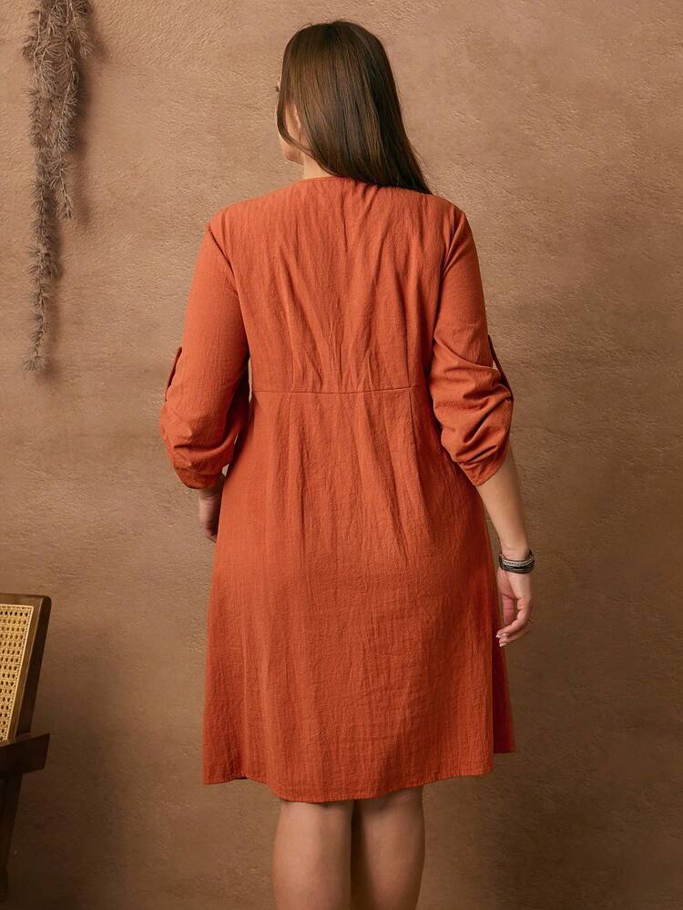 Plus Size Casual Loose V-Neck Button Dual Pocket Knee-Length Dress Fall Clothes For Women Fall Clothes Plus Size   Dresses Button Front Dresses For Women Cottagecore Clothes Curve Dresses With Pockets  Dress Autumn Dress,Spring/Summer/Vacation