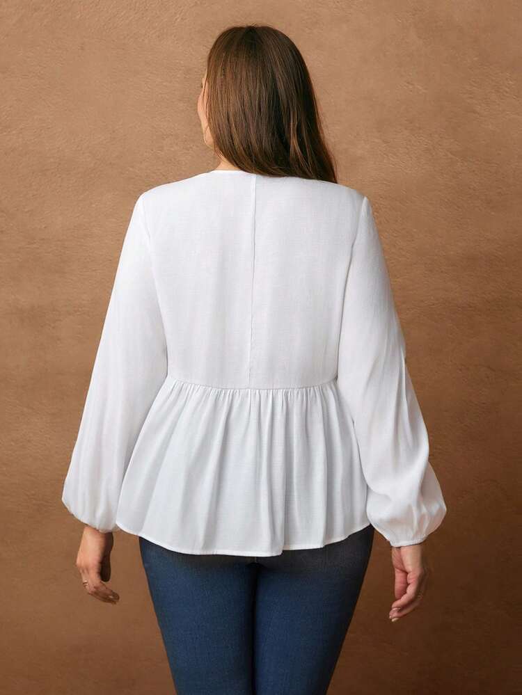 Plus Size Floral Placement Print V-Neck Casual Long Sleeve Shirt V Neck Blouses For Women White Embroidered Blouse, Autumn/Winter,2025 New