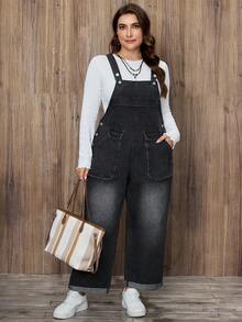 EMERY ROSE Plus Size Black Plus Size Pocket Flap Button Decor Casual Denim Bib Pants - Light Grey - View 4