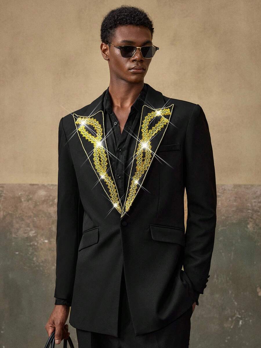 AKNOTIC 2pcs Men's Woven Casual Loose Fit Long Sleeve Jacket And Straight Leg Pants Set - Black - View 1