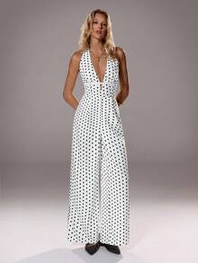 TRNVIE 1pc Women's Polka Dot Print Jumpsuit, Deep V-Neck Halter Design, Sleeveless Hollow-Out Non-See-Through, Sexy Open Back For Daily, Commute, Elegant, Retro - Black and White - View 4