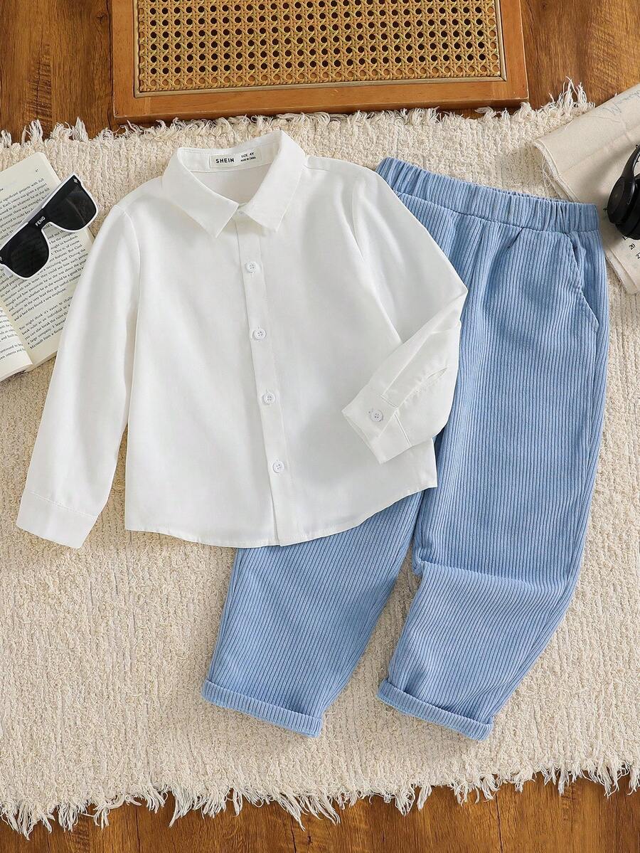 Blossori Young Girls' French Elegant Woven Black Shirt/Khaki Pants Set, Spring/Summer - Mint Blue - View 1