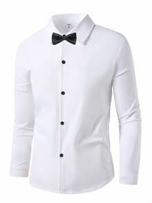 SHEIN 1 件青少年男孩绅士风格米色百搭修身长袖衬衫，优雅学院风个性化休闲外套，适合婚礼、婚礼嘉宾、花童、戒童、返校季 - 白色 - 查看 6