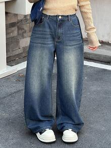 DAZY 少女休闲水洗宽松阔腿牛仔裤 - 深色水洗藍 - 查看 3