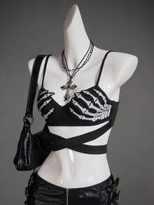 SHEIN ICON Women's Halloween Skeleton Hand Reflective Chest Print Bodycon Camisole Sexy Hollow Out,Black Tops - Black - View 5