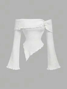 SHEIN MOD 3D Floral Asymmetrical Hem Off Shoulder Sweater,Halloween,Back To School,Y2k,Old Money In Fall/Winter - White - View 2