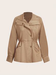 SHEIN PETITE Women's Solid Color Waist Cinched Faux Suede Jacket, Suitable For Commuting In Fall/Winter - Khaki - View 9