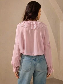 Wildy Romantic Bohemian Pink Lace Ruffle Hem Street Fashion New Arrival Long Sleeve Blouse, Autumn V-Neck Blouse Bohemian Blouse Ruffle Blouse Lace Trim Blouse Pink Blouses - Pink - View 2