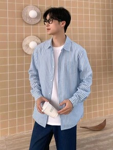 Mirajuku 青少年男孩翻领纽扣长袖条纹口袋衬衫