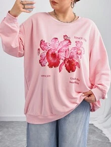 SHEIN CURVE+ Áo nỉ cổ tròn rộng rãi họa tiết hoa tối giản giản dị cỡ lớn, mùa thu/đông Thu/Đông - Hồng - Xem 6