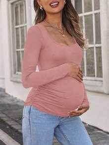SHEIN 孕妇褶皱长袖T恤 - 藕粉色 - 查看 3