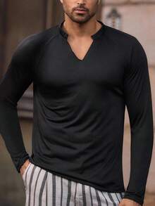 Manfinity NXTstreet Men's Casual Raglan Sleeve V-Neck Long Sleeve T-Shirt, Fall - Black - View 3