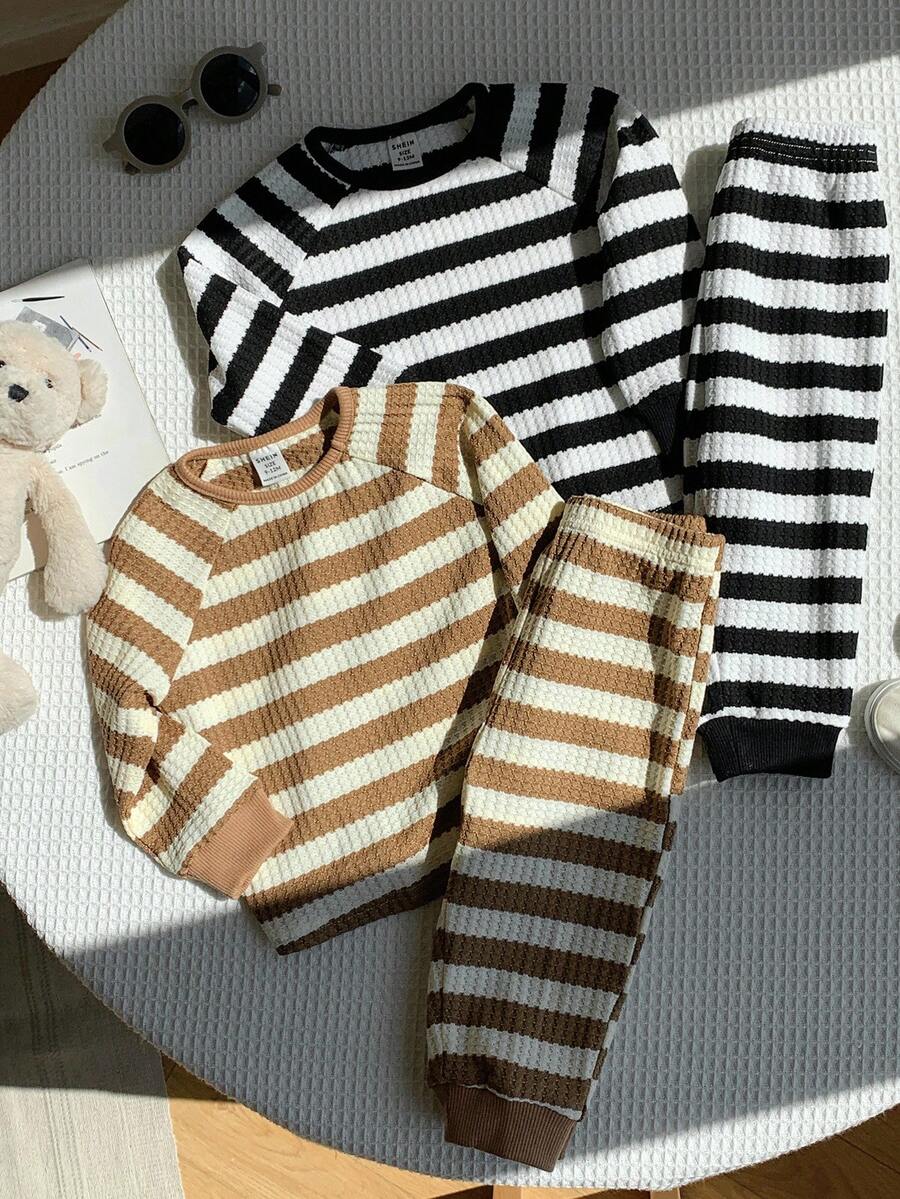 SHEIN Set de pijamale 2 buc pentru bebeluși băieți, cu guler rotund, mânecă lungă, top și pantaloni cu dungi, tricotate, confortabile, casual, lejere - Multicolor - Vizualizare 1