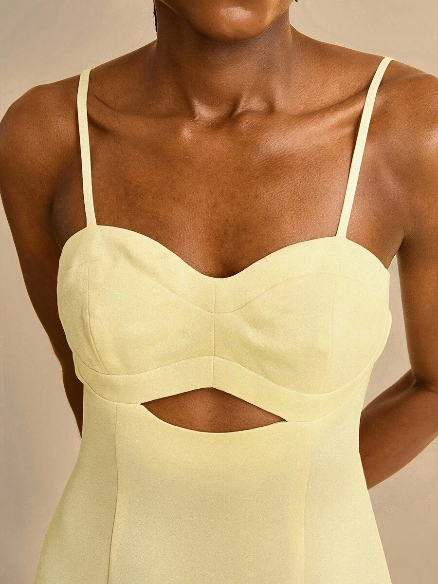 CAJUNI Women's Mid-Length Hollow Design Spaghetti Strap Yellow Dress - Light Yellow - View 1