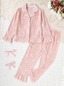 Genkimix Kids 2pcs/Set Cute Velvet Bow & Floral Print Long Sleeve Cardigan And Pants, Comfortable Casual Loungewear For Girls Girls Pink Pajama Set Fall Winter - Pink - View 4