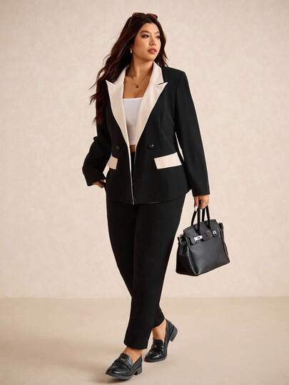 Elaquor Plus Size Women's Autumn Contrast Color Lapel NeckLong Sleeve Blazer Jacket And Pants Casual 2 Pieces Set