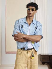SWAVVY Men's Striped & Letter Print Casual Versatile Short Sleeve Shirt - Blue and White - View 3