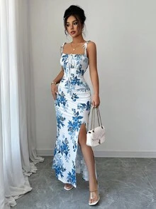 Elenzga petite Đầm midi họa tiết hoa mới, dây buộc eo, viền xếp nếp, xẻ tà, đa năng cho các buổi hẹn hò, tụ tập, mặc hàng ngày, tôn dáng và thanh lịch cho phụ nữ trẻ, mùa xuân/hè - Xanh và trắng - Xem 4