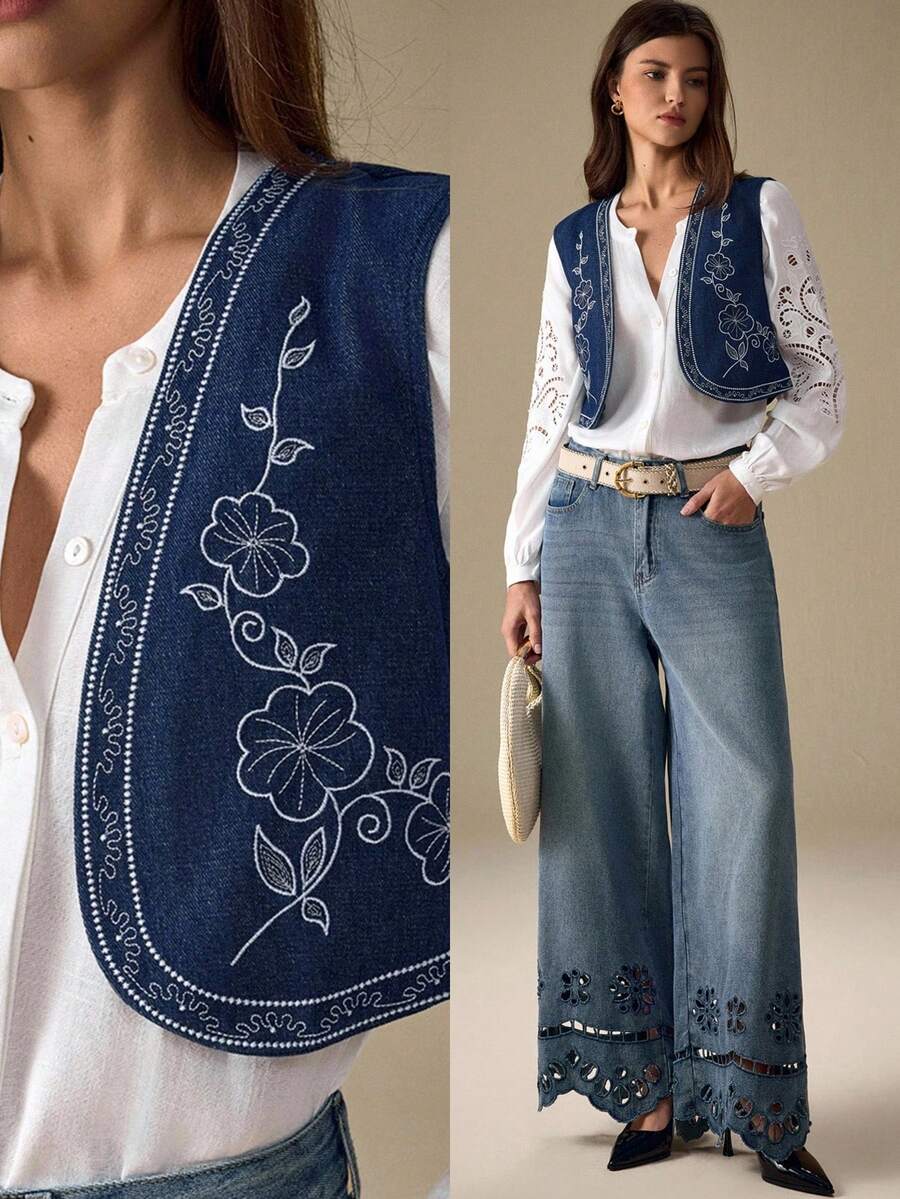 Selenza Women's Casual Fashionable Embroidery Denim Vest - Blue - View 1