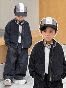 SHEIN Kurtka jeansowa dla chłopców z długimi rękawami i obniżonymi ramionami w kolorze czarnym