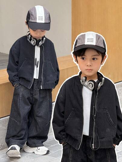 SHEIN Little Byeori Young Boys' Fall/Winter Urban Street Cool Style Fashion Casual Korean Style Simple Basic Black Denim Dropped Shoulder Zipper Long Sleeve Bomber Jacket,For Kids Dailywear Costumes Fall/Winter Clothes And Back To School Clothes,Boys Streetwear Outfits,Boys Christmas Outfits,Baby Boys Denim Jacket,2-Year-Old  Boys Denim Denim Jacket