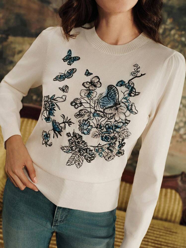 Elegant Floral & Butterfly Embroidered Short Sleeve Knit Top, Suitable For Fall/Winter, Christmas, New Year, Party, Elegant, Luxury, Formal, Chic, Graduation, Women Autumn Winter, Cozy Fall And Winter Clothes For Women