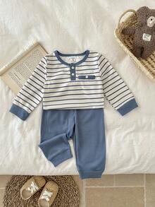 SHEIN 2 件套男婴幼儿新生儿 0-3 岁春夏休闲日常穿着条纹华夫格针织长袖连体衣 + 裤子套装 - 藍色 - 查看 7