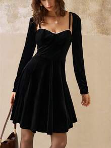 INAWLY 女式优雅黑色长袖短上衣和吊带吊带裙 2 件套 - 黑色 - 查看 1