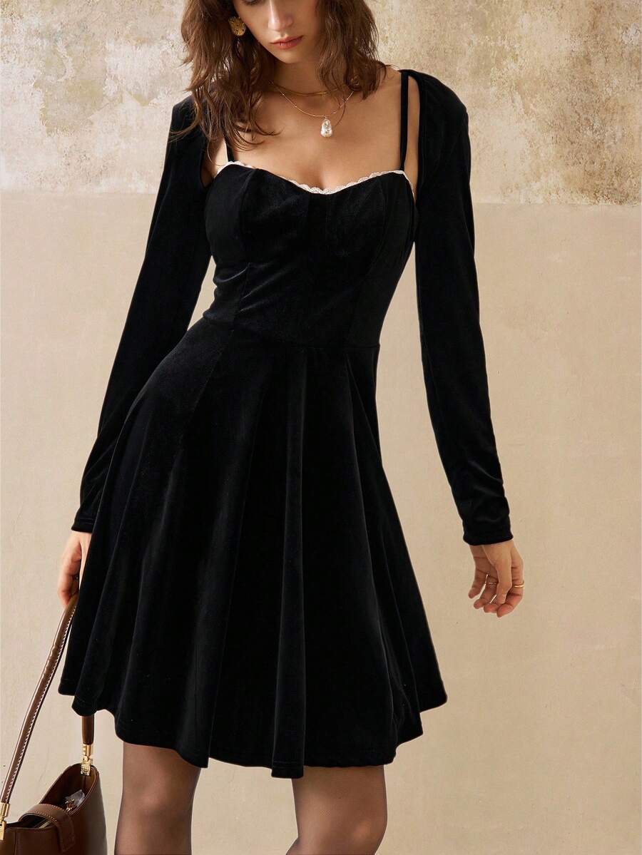 INAWLY 女式优雅黑色长袖短上衣和吊带吊带裙 2 件套 - 黑色 - 查看 1