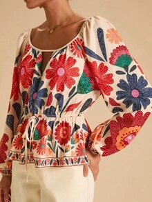 Travachic بلوزة أنيقة للنساء بطبعة زهور وفتحة رقبة وأكمام راجلان وربطة خصر، مناسبة للعطلات والحفلات والأجواء البوهيمية والموسيقية والعطلات الاستوائية والرومانسية، بطباعة جرافيك على نسيج منسوج، مناسبة للصيف والعطلات والشاطئ والأجواء البوهيمية والريفية والأعياد والعطلات