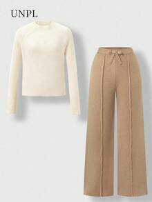 SHEIN Explorewe 2pcs/Set Teen Girl Colorblock Sweater Set,Khaki Turtleneck Long Sleeve Top And Loose Straight Pants For Autumn,Back-To-School,Graduation,Beige Outfit - Khaki - View 3