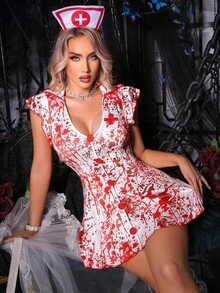 Fantasy Costume 2 件万圣节女式僵尸护士服装，红色和白色 - 紅白色 - 查看 3