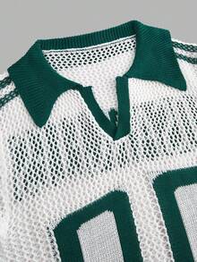 SHEIN PETITE 女士休闲镂空针织短袖上衣，假日，夏季，外出上衣，复古女式上衣，学院风上衣，沙滩，度假，绿白配色，欧洲夏季，街头风，图案T恤，秋季 - 白色 - 查看 3