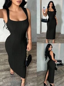 SHEIN SXY 女式卡其色优雅简约方领无袖修身长裙，适合职业/办公室/通勤/正式场合 - 黑色 - 查看 7