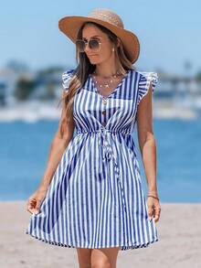 Sylviya Vertical Striped Fake Button Ruffle Sleeve Drawstring Waist Dress - Blue and White - View 3