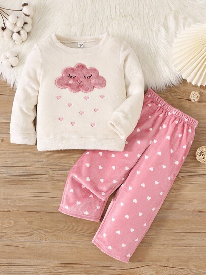 SHEIN 2pcs Young Girls' Cloud Pattern Embroidery Flannel Long Sleeve Top And Pants Pajama Set, Comfy For Fall Winter