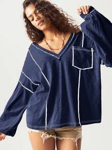 Bohemela 大码女式休闲时尚街头 V 领撞色针脚拼布口袋宽松 T 恤，春/秋 - 藍色 - 查看 5