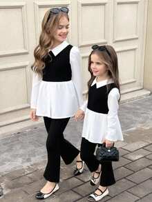 SHEIN 2pcs Young Girl Casual Suit Set, Long Sleeve Top And Shorts, Cute Holiday Outfit, Spring