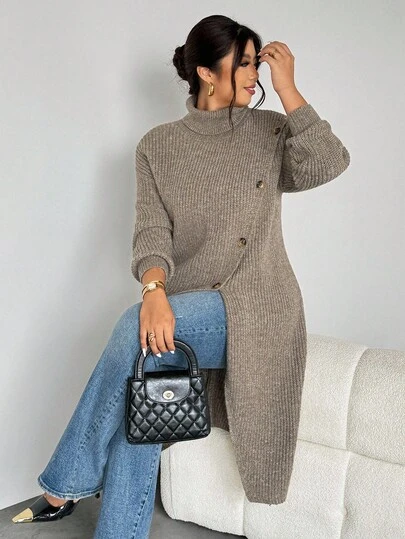 Firerie Plus Size Women Asymmetrical Criss-Cross Design Knitted Mid-Length Sweater, Fashionable, Elegant, Casual, Versatile, Suitable For Autumn/Winter Turtle Neck Women Long Sweaters For Women Knitted Cover Up Women Fall Clothes Jumper For Woman