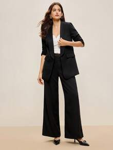BizChic 2025 Autumn/Winter New Black Shawl Neck Blazer With Lace Waist Inset & Wide Leg Pants Suit, 2 Pieces Set, Versatile For Daily, Commute, Modern Elegant, Business Casual, Office, Music Festival, Wedding Guest, Birthday, Halloween, Party, Travel, Christmas, Saudi National Day, New Year - Black - View 6