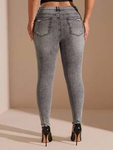 SHEIN BAE Plus Size Distressed Black Skinny Stretch Denim Jeans, Fall Women Clothes - Black - View 2