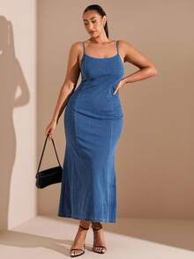 SHEIN BAE Plus Size Sexy Bodycon Denim Slip Dress, Blue - Blue - View 4