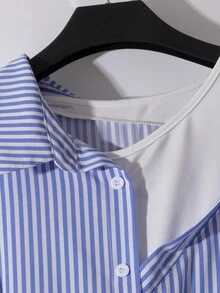 GlowEve Women's Chic Blue White Stripe Shirt Dress For Autumn,Off The Shoulder Splicing Long Sleeve Waist-Cinching A-Line Dress With Belt,Daily Work Outfits - Multicolor - View 5