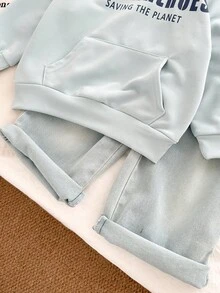 Genkimix Kids Ensemble de 2 pièces pour la rentrée scolaire pour garçons de 4 à 7 ans : Top imprimé de lettres et jean en denim - Bleu azur - Voir 6