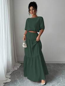 Elenzga Bộ 2 áo crop top tay bồng lãng mạn thanh lịch và chân váy chữ A cho nữ - Màu xanh lá cây đậm - Xem 3