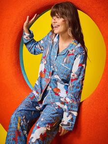 Chillnights X LOONEY TUNES Conjunto de pijama de mujer con top de manga larga y pantalones con estampado de dibujos animados, arruga de burbuja. Conjunto de pijama de mujer, pijama de mujer con diseño de dibujos animados, conjunto de pijama azul de mujer, ropa de otoño - Multicolor - Ver 6