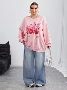 SHEIN CURVE+ Áo nỉ cổ tròn rộng rãi họa tiết hoa tối giản giản dị cỡ lớn, mùa thu/đông Thu/Đông - Hồng - Xem 7